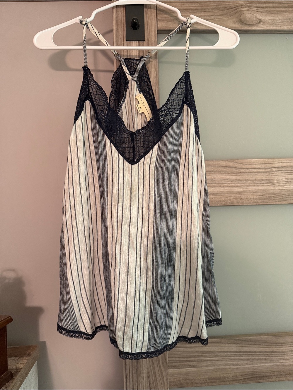 Striped Lace Trim Cami Tank Top - Navy & White